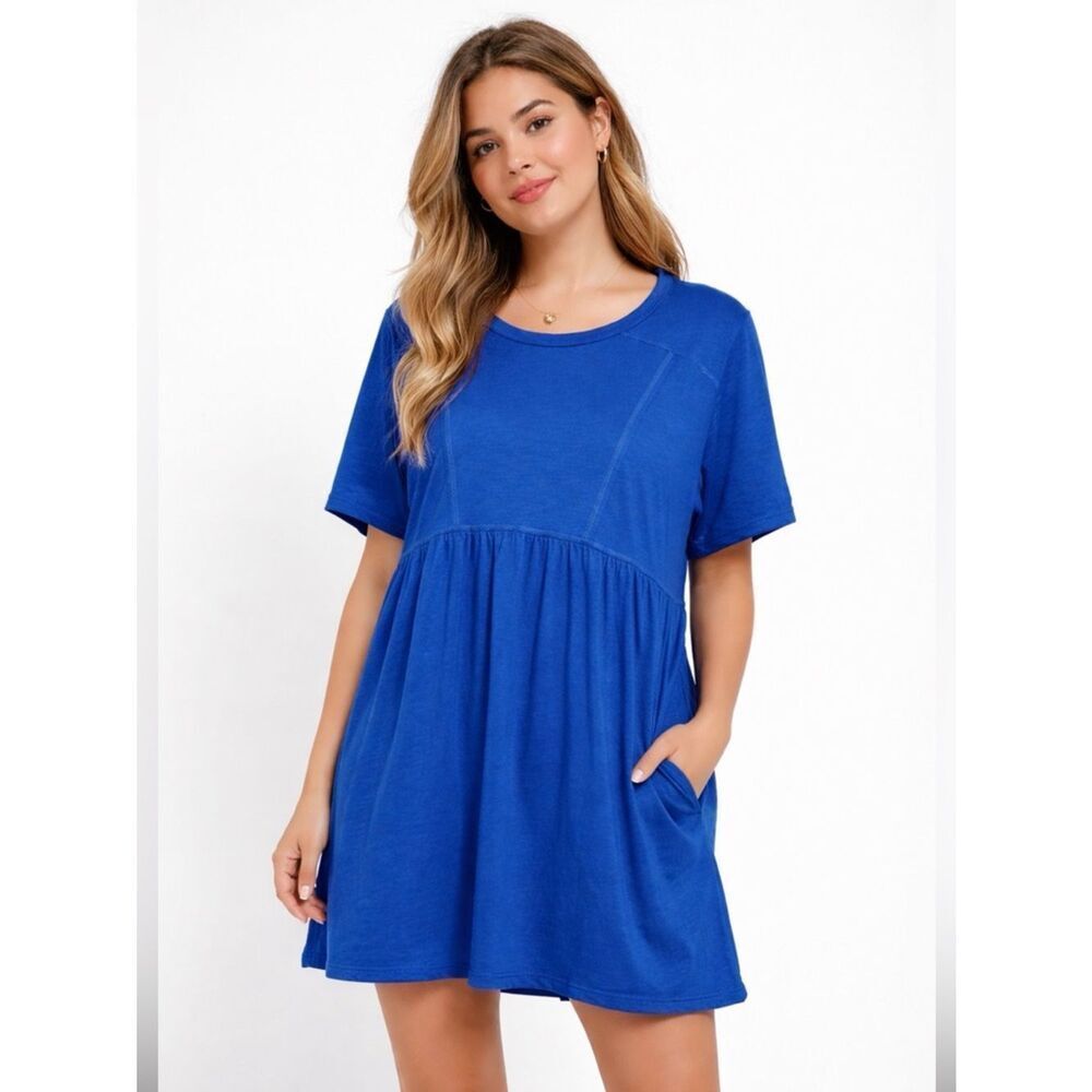 NouveauMonde Women's Cotton Casual Tshirt Royal Blue Dress Mini Tiered S
